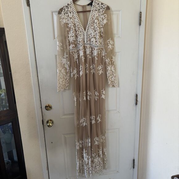 Embroidered Babydoll Maxi Dress Fairy Romantic Sheer Size Large Boho Mesh Lace - Picture 2 of 12